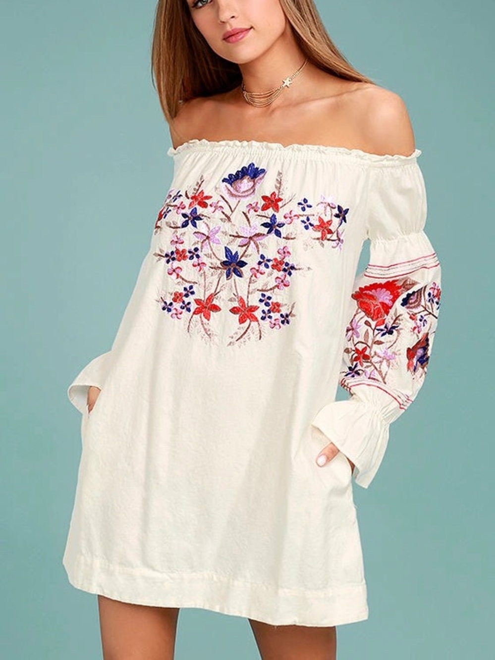 Off-Shoulder White Embroidered Floral Dress